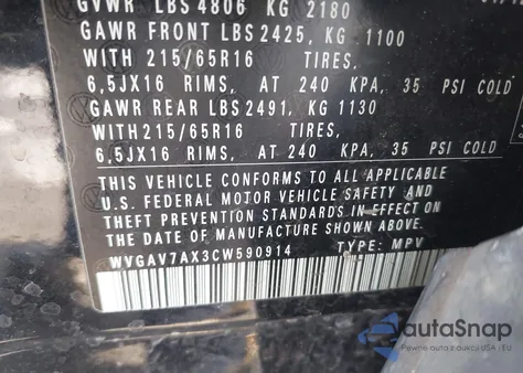 2012 Volkswagen Tiguan S z USA, uszkodzony, nr VIN WVGAV7AX3CW590914